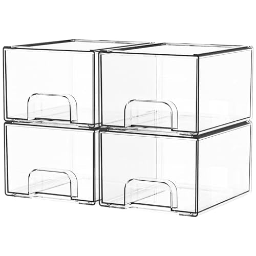 Yieach 4 Pack Clear Stackable Storage Drawers,4.4'' Tall Acrylic Drawer Containers for Organizing,Bathroom Organizers and Storage Bin Box,Plastic Makeup,Medicine Organizer Bins for Cabinet,Undersink