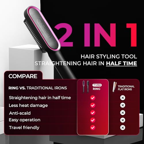 Hair Straightener Brush, TYMO Ring Hair Straightener Comb Straightening Brush for Women with 5 Temps 20s Fast Heating & Dual Voltage, Black