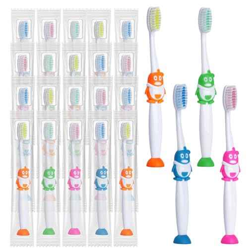 100 Pack Kids Toothbrush Soft Bristles Toddler Cute Toothbrush Bulk with Suction Cup, Includes Travel Covers, Individually Wrapped Toothbrushes for Kid Home School Daycare Camp (Penguin)