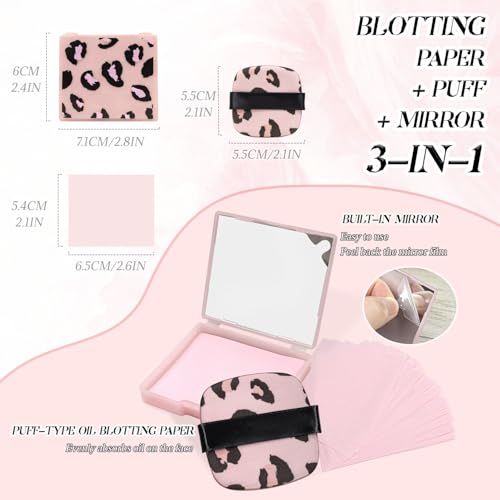BOROLA 3-in-1 Oil Blotting Paper Set for Face Oil Absorbing Sheet with Portable Mirror & Adhesive Makeup Puff, Blotting Paper for Oily Skin, Design for Men & Women(100 Sheets, Pink Leopard Print)
