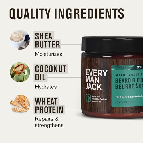 Every Man Jack Beard Butter- Subtle Sea Salt Fragrance - Rejuvenates, Hydrates, and Styles Dry, Unruly Beards While Relieving Itch - Naturally Derived with Shea Butter and Coconut Oil - 4oz