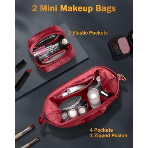 Wedama Makeup Bag, Double-layer Cosmetic Bag with Jewelry Storage and Brush Holders 3 Pcs Velvet Makeup Bag Set Travel Makeup Organizer Bags Portable Cosmetic Case Toiletry Bag for Women Girls, Red