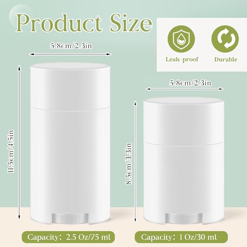 50 Pack White Empty Deodorant Containers, 75ml/2.5oz, Bottom Filling, Refillable Deodorant Tubes Lipstick Balm Tubes Twisted, Plastic Oval for Homemade DIY Aromatherapy, Balm, Lotion