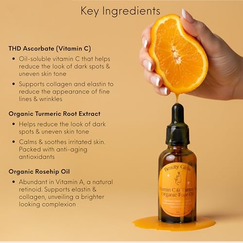 Organic Turmeric & Vitamin C Face Oil for Dark Spots Brightening Age Defying for Fine Lines & Wrinkles Moisturizing Hydrating Serum Natural Anti Aging 1 Oz Beauty Glow