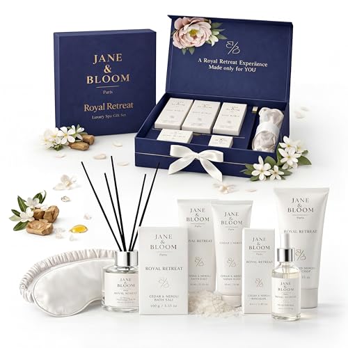 Royal Retreat Luxury Spa Gift Box, Cedar and Neroli Bath and Body Gift Set for Women, Relaxing Home Spa Kit with Bath Salt, Body Scrub, Body Oil, Hand Cream, Eye Mask and More
