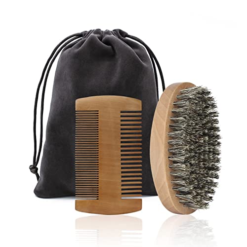 Fan Wu Beard Brush and Dual-Sided Wood Comb Set ? Natural Boar Bristle Grooming Kit with Velvet Travel Pouch, Anti-Static for Beard, Mustache & Hair ? Gift for Men