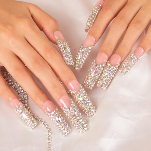 LOVFUL Press on Nails Angel's Tear Rhinestone | Handmade with Full Covered Crystals | Reusable Fake Nails | Square Mid length 1.7in | H48-M