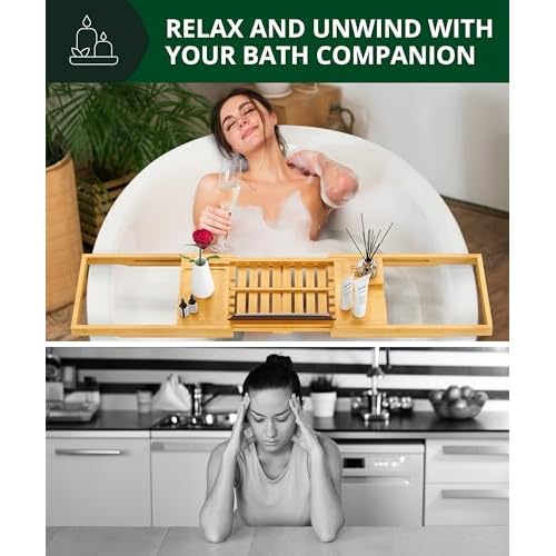 ROYAL CRAFT WOOD Premium Foldable Bathtub Tray Caddy - Wood Bath Tray for Tub, Bamboo Shelf, Expandable Bath Table Trays, Bathtub & Bathroom Accessories for New Home & Mothers, Birthday Gifts for Mom