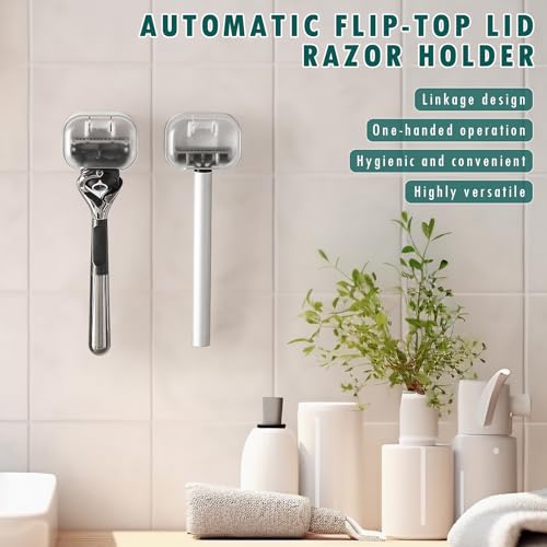Razor Holder for Shower, 2 Pcs Plastic Razor Holders with Cover for Shower Wall, Waterproof Shaver Holder for Shower, Self Adhesive Waterproof Razor Rack for Bathroom, Wall Mounted Razor Holder