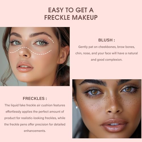 Natural Freckle Nude Warm Blush Makeup Kit- Liquid Fake Freckle Air Cushion, 2 Colors Freckle Pen, Powder Cushion Blush, Waterproof Long Lasting Freckles Marker for Cheek