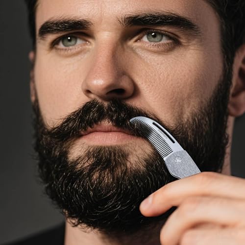 Small Folding Mustache Comb, Metal Beard Comb for men Pocket Mini Portable Fits In Keychain Anti-Static (Wood Grain)