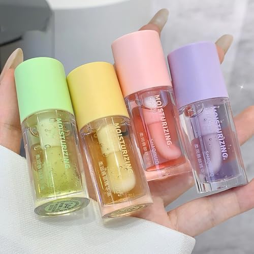 4pcs Hydrating Lip Gloss, Fruit Flavoured Plumping Lip Oil, Nourishing Glossy Transparent Lip Balm, Moisturizing Tinted Toot Lip Balm for Dry Lips 0.48 OZ