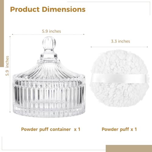 2 PCS Large Body Powder Puff with Glass Container Set, Soft Washable Puff Set for Face & Body, Reusable Puff with Ribbon Band for Makeup Glitter Application, After-Bath Care