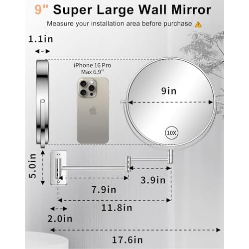 Gospire 9 Inch Extra Large Wall Mounted Mirror with 1X/10X Magnification, 360¡Æ Swivel & Extendable, Chrome Polished Finish for Bathroom Vanity, Shaving & Makeup (Men & Women)