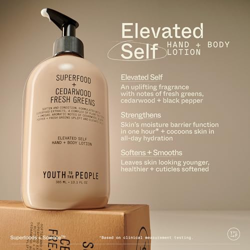 Youth To The People Superfood Hand + Body Lotion (13.1 fl oz), Omega-Rich Plant Butters + Antioxidants Moisturizer, Soothes Dry + Dull Skin, Non-Greasy, Aromatic Fragrance, Vegan