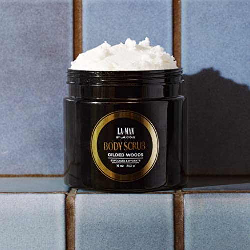 LALICIOUS Gilded Woods La-Man Body Scrub - Exfoliating Sugar Scrub for Men - Body Exfoliator Scrub for Dead Skin & Optimal Hydration - Pure Cane Sugar + Coconut Body Scrub 16oz