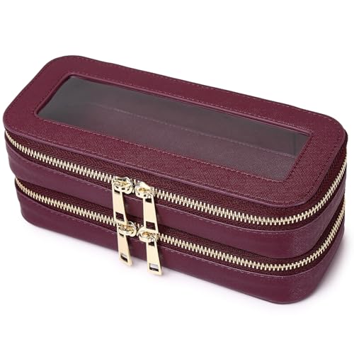 Pinkmik Double Layer Makeup Bag Makeup Brush Case Waterproof Travel Cosmetic & Toiletry Bag Purse Organizer and Car Essentials for Women (X/Burgundy, Double SLIM)
