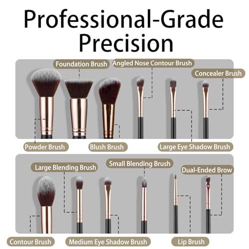Makeup Brushes Set 12 Pcs Classic Black Makeup Brush Kit, Foundation Brush Eyeshadow Brush Powder Brush Kabuki Brush Blush Cosmetic Brushes With Case Travel Gift