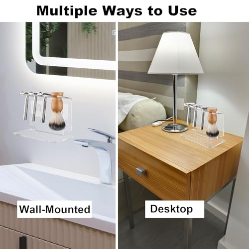 Beautyflier Safety Razor Stand, Clear Acrylic Razor Holder and Shaving Brush Stand, Men's Travel Shaver Stand Compatible with Most Razors and Brushes, Holds 3 Razors and 1 Brush (Stand Only)