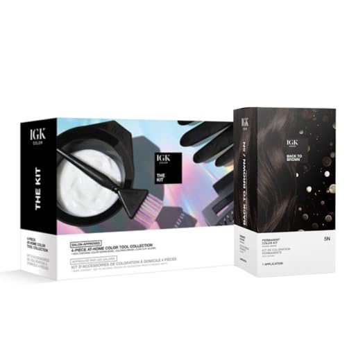 IGK Permanent Hair Dye Color Kit + At-Home Color Tools Set | 5N Back To Brown-Natural Brown, 100% Gray Coverage | Salon-Quality Application | 4.75 oz