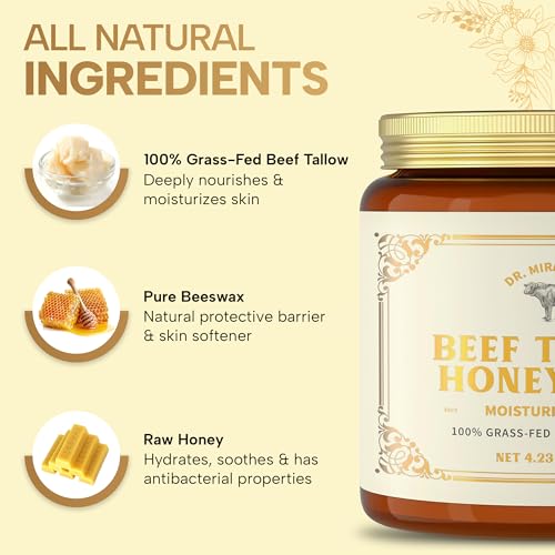 100% Grass-Fed Whipped Beef Tallow and Honey Balm for Skin, Moisturizer for Face & Body with Organic Beeswax & Organic Honey Balm, All Natural Formula, 4.23OZ (120G)