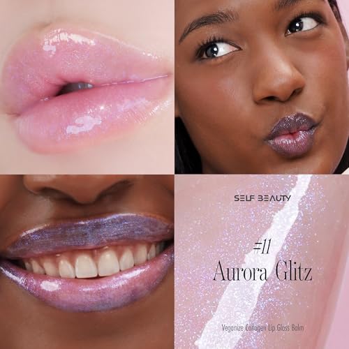 SELF BEAUTY Veganize Collagen Lip Glass Balm - Hydrating Lip w/Hyaluronic Acid - Vegan Korean Lip Balm Moisturizing Lip Care ? Lip Gloss Repair for Dry Cracked Lips 0.06 oz (#11 Aurora Glitz)