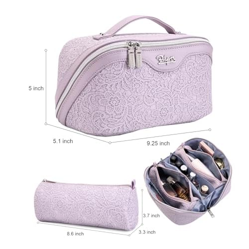 BOYATU Travel Makeup Bags Cosmetic Organizer Bag: 3-Set Large Capacity Make up Bag - PU Leather Toiletry Bags for Women - Wide Open Portable Pouch with Divider & Handle (A-Violet)