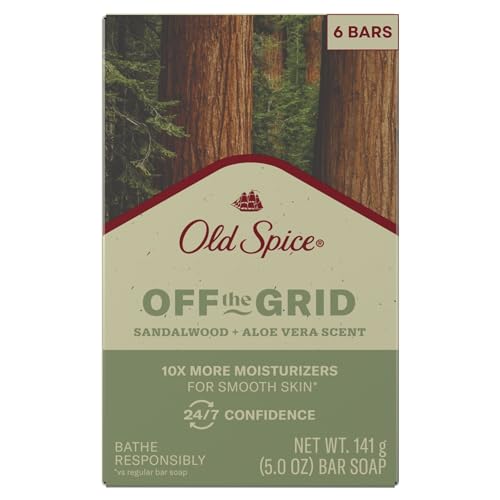 Old Spice Bar Soap for Men, Off the Grid Sandalwood + Aloe Vera Scent, 10x More Moisturizers for Smooth Skin with Mild Exfoliators & Plant Based Cleansers, 5.0 oz (Pack of 6)