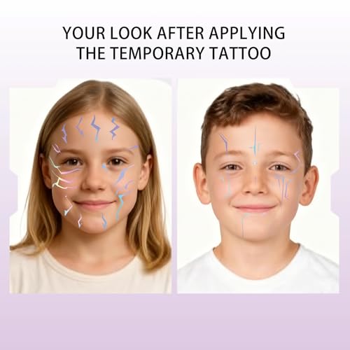 4 Large Sheets Dazzling Holographic Temporary Tattoos Stickers for Cosplay & Parties | Waterproof Long Lasting Fake Tattoo Body Art | Anime Fantasy Metallic Face & Arm Jewels