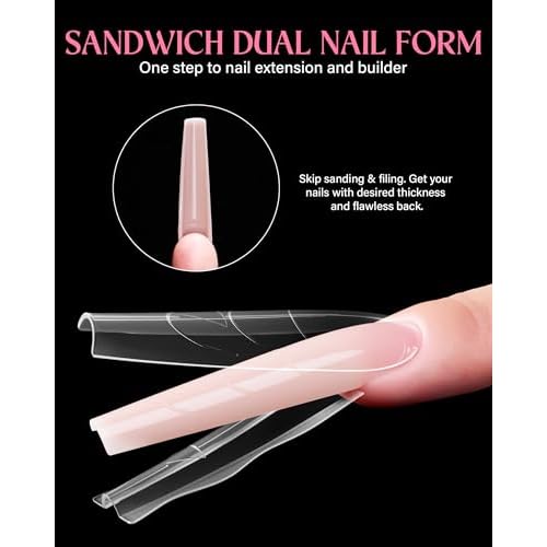 Sandwich Nail Dual Form Kit - 360 PCS Coffin & Almond Dual Forms for Nail Extensions, 15 Sizes, Reusable Plastic Forms for Polygel, Acrylic, Builder Gel - Perfect for DIY & Salon Use
