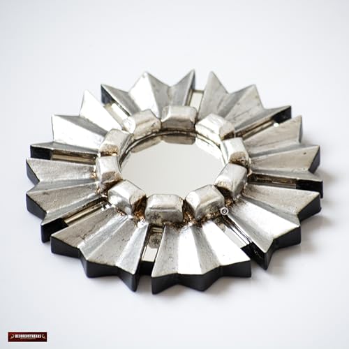Small Round Wall Mirror with Silver Leaf Frame 6in -Peruvian Sun Design - Handmade Wood Hanging Mirror Decor