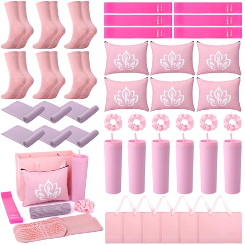 42 Pcs Bridesmaid Proposal Gifts Pink Gifts Set of 6 Include Cosmetic Bags Tumbler Hair Ties Cooling Towels Yoga Socks Resistance Bands and Gift Bags for Bridal Shower Bachelorette Party