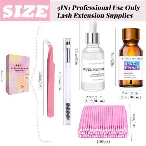 Super Lash Bonder Lash Glue Primer for Eyelash Extensions Kit Instant Cure Adhesive Companion 5 IN 1 Professional Use Only Lash Extension Supplies with Brush Tweezers Applicator