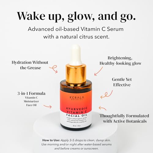 Ayurvedic Vitamin C Face Oil with Rosehip Oil, Bakuchiol, Ashwagandha, and Squalane, Hydrating, Brightening, and Repairing Serum for Dark Spots, Fine Lines, and Wrinkles, Clean Luxury Skincare