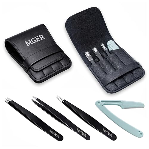 MGER Tweezers Set - Professional Stainless Steel Tweezers for Eyebrows - Great Precision for Facial Hair, Splinter and Ingrown Hair Removal