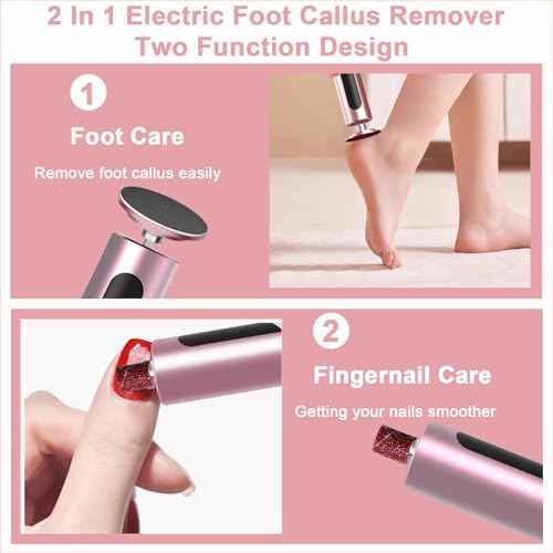 2 in 1 Electric Foot Callus Remover - with Nail Drill File, Aluminum Alloy, 11000RPM, 9 Speeds, with Digital Display, 10 Grinding Heads & 20pcs Sandpaper Discs,Cordless Rechargeable (Pink)