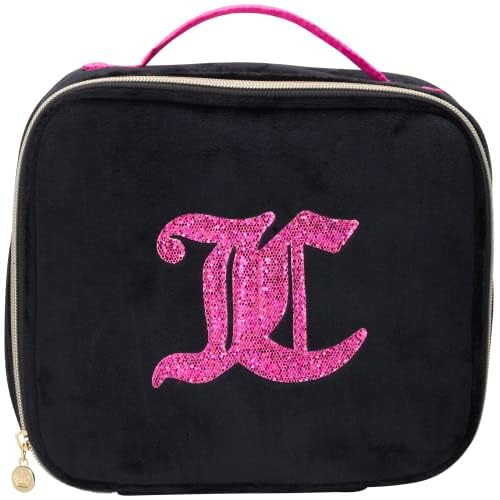 Juicy Couture Black Hot Pink Makeup Bag Cosmetics Organizer Travel Essentials Compartmentalized Glitter