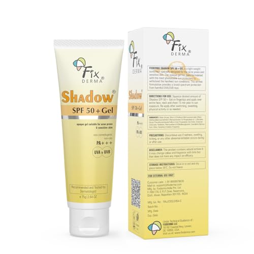Fixderma Shadow SPF 50+ Gel Sunscreen for Face | Titanium Dioxide & Zinc | Broad Spectrum UVA and UVB Protection | Water Resistant, Lightweight Sunscreen - 2.64 Oz