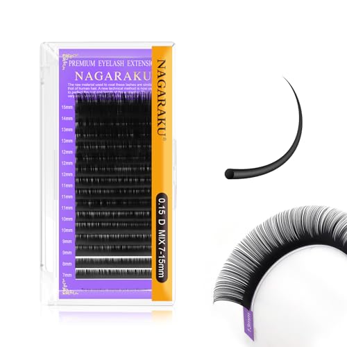 NAGARAKU Eyelash Extensions 0.15mm D curl 7-15mm Mix Tray Individual Lashes Classic Matte Black Faux Mink 16 Rows Professional Beauty Salon Supplies - Purple Card - Purple Card