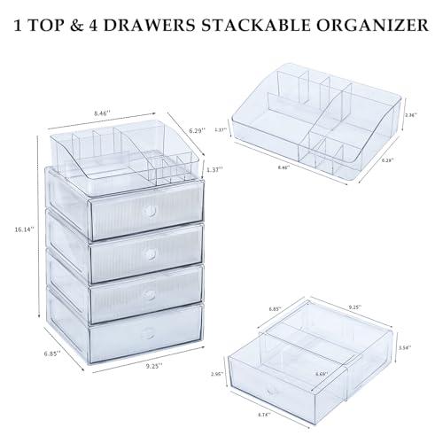 5-Tiers Makeup Organizer with Drawer for Vanity, Stackable Bathroom Storage Box for Beauty Essentials, Skincare Products, Cosmetic Brushes, Perfume Stand, Clear Lipsticks Holder