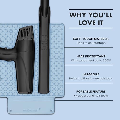 madesmart Portable Silicone Heat Mat, Heat-Resistant Silicone Pad for Straighteners & Curling Irons, Protects Vanity & Countertops, Wrap-Around Travel Design, Blue
