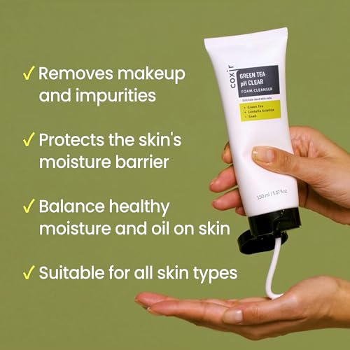 coxir GREENTEA PH CLEAR FOAM CLEANSER 1.01 fl.oz l Low pH Formula Facial Washes with Gentle Exfoliating l deep cleanses pores and remove dead skin cells on skin, Korean skincare