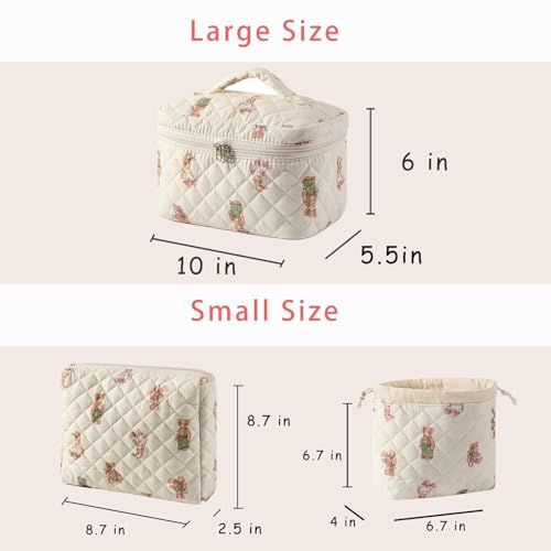 uekeboag 2 pcs Large Floral Quilted Makeup Bag Set for Women, Cotton Quilted Big Cosmetic Bag, Coquette Aesthetic Cute Travel Toiletry Bag