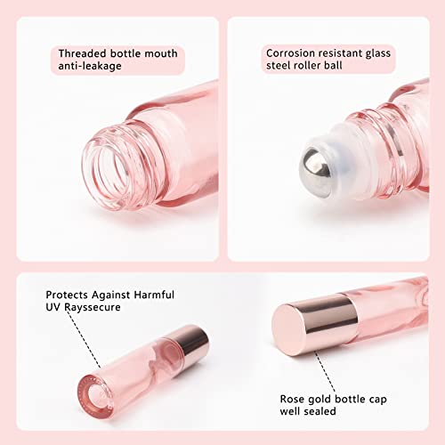 JIUWU 33Pcs Glass Roll on Bottles, 10ml Bright Rose Gold Roller Bottles Vials for Perfumes Aromatherapy Essential Oils Lip Balm Liquid, Accessories include