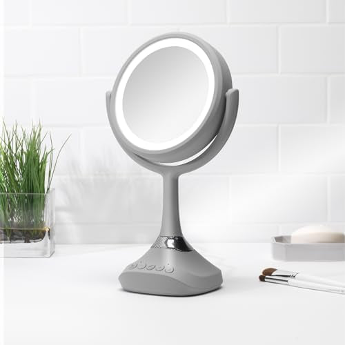 Homewerks 76-101-BT 7.5-inch Personal Makeup Mirror with Bluetooth Speakers and LED Lighting, Handheld Bluetooth Vanity Mirror with Lights for Bathrooms, Bedrooms, or Dorm Room Essentials