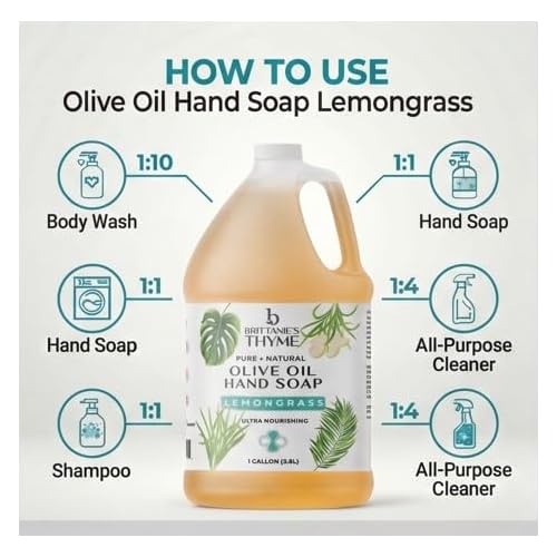 Brittanie¡¯s Pure Castile Soap ? Lemongrass, 1 Gallon (128 oz) | Natural Multi-Purpose Cleaner & Body Wash | Concentrated, Biodegradable, Eco-Friendly Soap for Hands, Face, Laundry & Household Cleaning