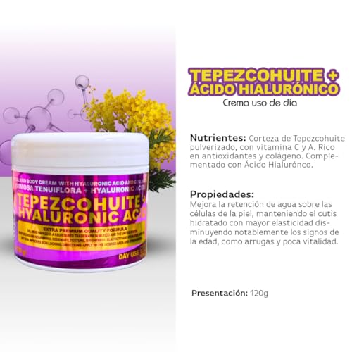 Del Indio Papago Tepezcohuite + Hyaluronic Acid Facial & Body Day Cream 120g | With Mimosa Tenuiflora, Collagen & Vitamin C | Hydrating Daily Moisturizer for All Skin Types