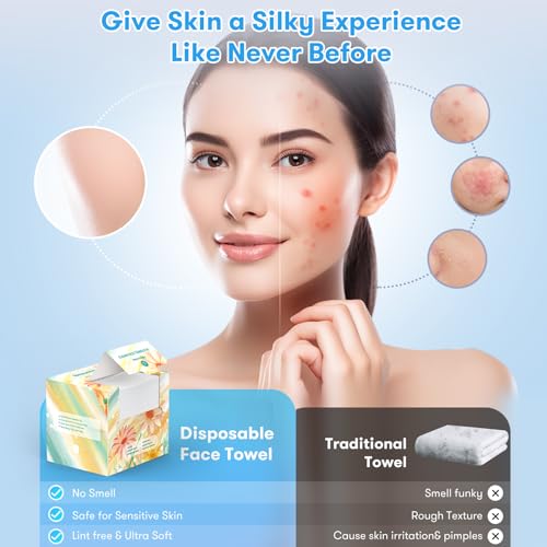 Disposable Face Towel, XL Facial Towelettes Soft Thick Absorbent, Lint-Free Biodegradable Makeup Remover Dry Wipes for Skin Care Washing Drying Nursing Camping Travel Essentials, 100 Ct