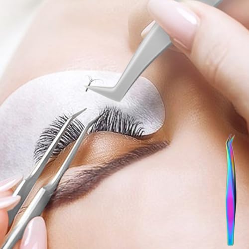 2 Pairs Rainbow Stainless Steel Curved Pointed Craft Tweezers with 2 Leather Bags for DIY Crafts, Precision Micro Tweezers for Eyelash Extensions, Electronics, and Laboratory Works