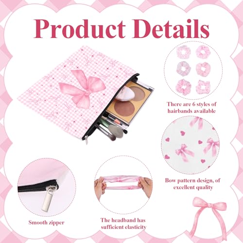 6 Set Pink Coquette Bow Gifts Include 6 Pink Bow Makeup Bags 6 Hair Scrunchies for Women Girls Preppy Cosmetic Bag Preppy Pouch Zipper Gift for Wedding Baby Shower Birthday Coquette Party Favors